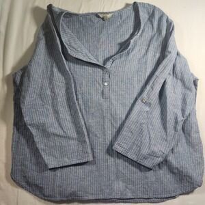 Hester & Orchard Blue White Pinstripe Linen Blend Henley Tunic Top 1X Roll Tab